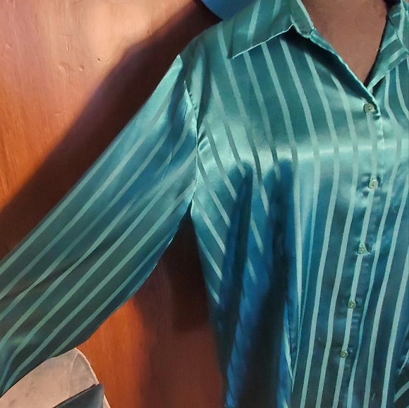 Covington Green Pinstripe Button Down Collared Blouse - Picture 6 of 6